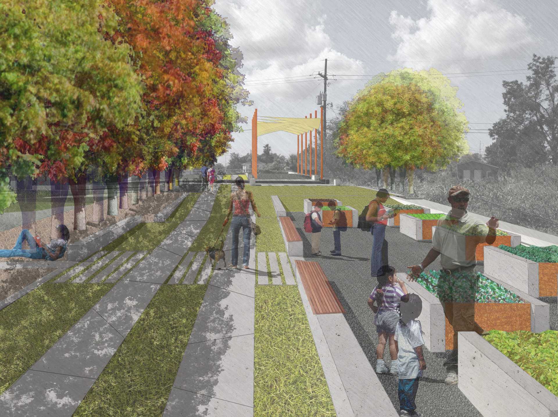 Prospective snapshot of Hollygrove, displaying people walking in the center with a yellow canopy